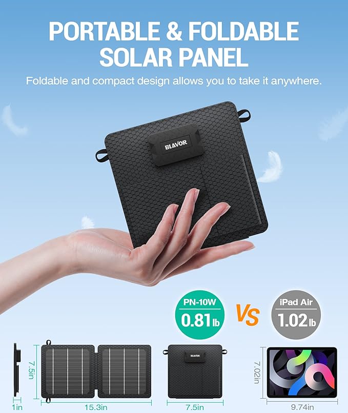BLAVOR 10W Portable Solar Charger(5V/2A Max) Small Foldable Solar Panel with USB-C USB-A Outputs Compatible with Cell Phone Tablet IPX4 Waterproof for Camping Hiking Backpacking