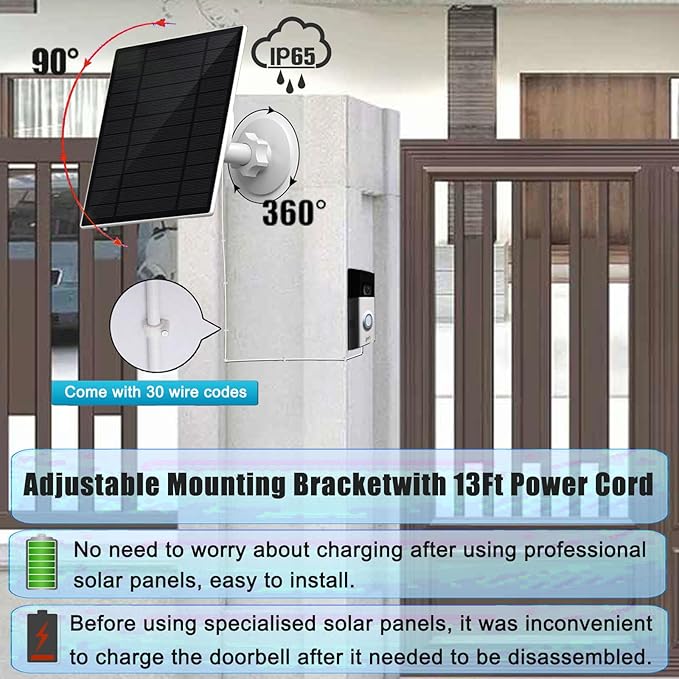 3W/5V Solar Panel with Built-in 4000mAh BatteryUSB-C PortIP6513.2ft/4m Charging CablePerfect Compatibility with Ring Battery Doorbell (2024 Release)no Need to Remove Stand (USB-C)