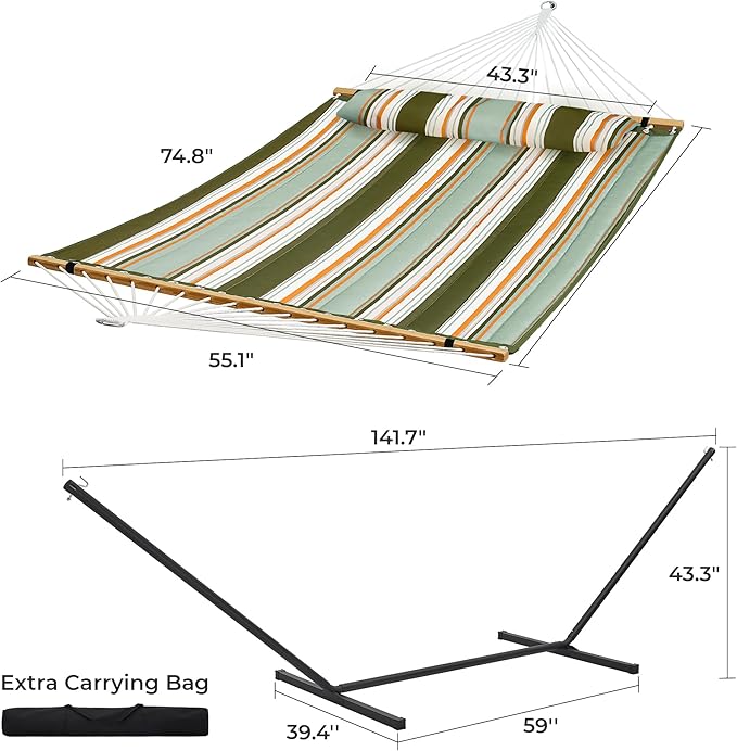 SUPERJARE Hammock with Stand 2 Person Quilted Outdoor Hammock Detachable Pillow &amp Bamboo Spreaders Portable Hammock with Carrying Bag Heavy Duty Stand Perfect for Outside Patio Retro Green
