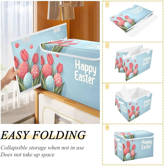 Happy Easter Pattern Foldable Storage Baskets Fabric Boxes with Handle Organizers with Flip-Top Lids Storage Bins for Home Bedroom Office