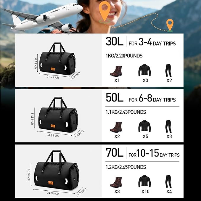 OCKLILY Waterproof Dry Bag 50L Roll-top Motorcycle Tail Bag with Air Valve &amp Quick-fixed Straps Travel Duffle Bags for Kayaking Paddle Boarding Rafting Boating Camping Riding Fishing - Black