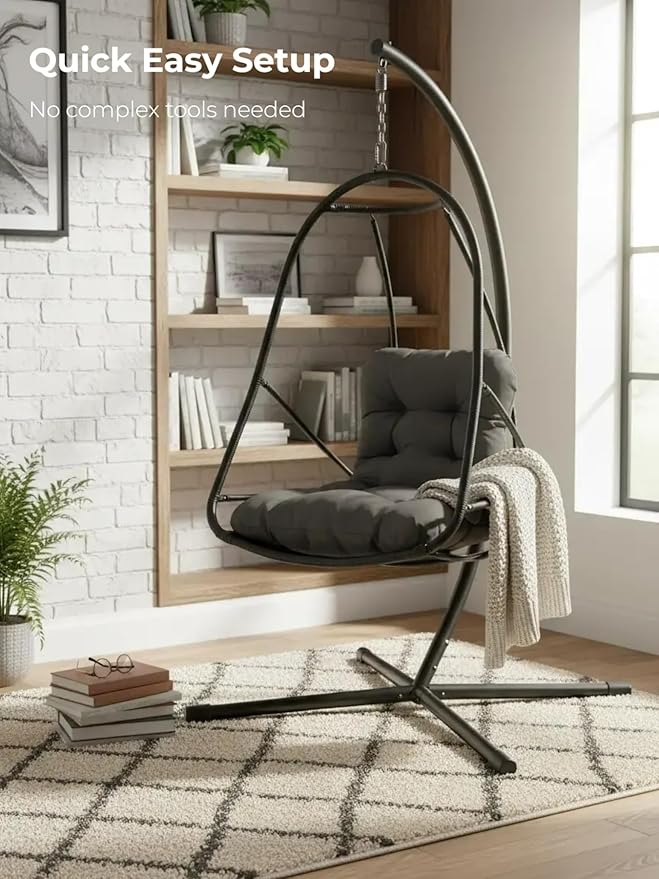 JESE Swing Egg Chair with Stand – UV Resistant Waterproof Cushion &amp Cup Holder Included Indoor/Outdoor Hanging Hammock Chair for Patio Bedroom Balcony Garden (Black)