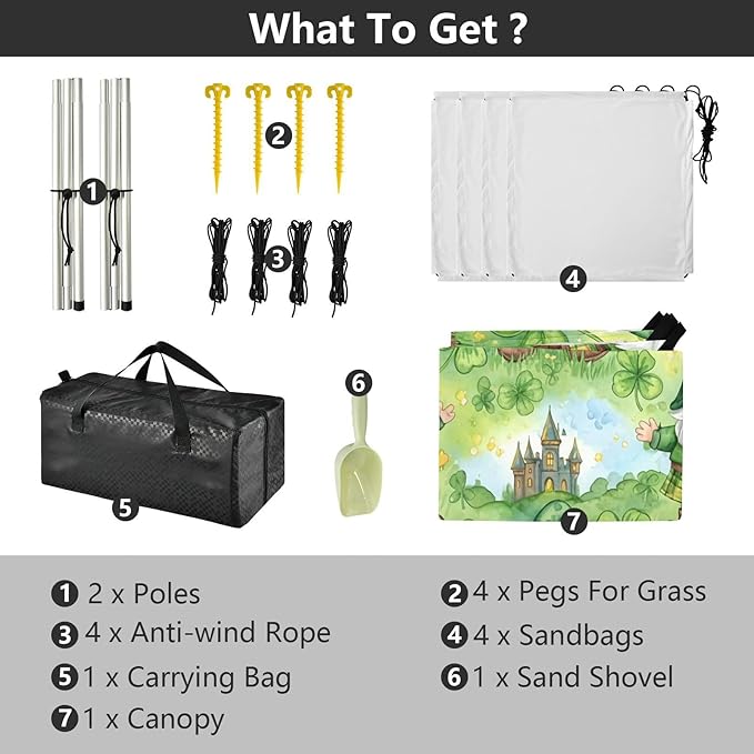 xigua St. Patrick's Day Gnome Beach Tent Sun Shelter with Carrying Bag - Silver Coated Oxford Fabric Beach Canopy for Beach Camping Fishing - Includes Windproof Ropes Sandbags &amp Stakes
