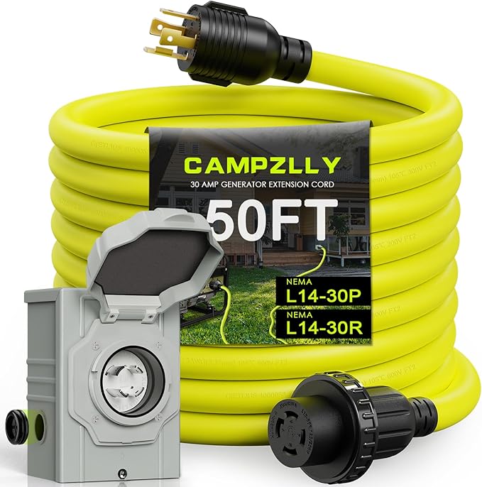 30 Amp Generator Cord 50FT and Power Inlet Box NEMA L14-30P/L14-30R 125/250V Twist Lock Connector with Pre-Drilled NEMA L14-30P Generator Inlet Box for Generator to House ETL Listed