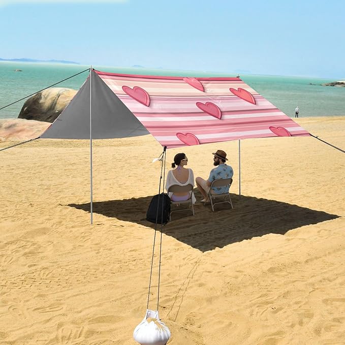 Valentines Hearts Striped Beach Tent Sun Shelter Set UPF50+ UV Protection 10.5 x 9.19 FT Camping Shade Canopy with Sandbags Sand Anchors Carrying Bag and Others