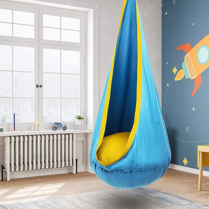 Y-STOP Kids Pod Swing Seat Hanging Hammock Chair with Inflatable Pillow Sensory Swing Chair with Pocket for Indoor and Outdoor (Blue Yellow)