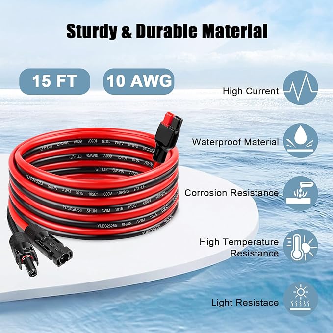 MOOKEERF 10AWG Solar Panel Cable to Anderson Connector - 15FT Solar Extension Cable with Anderson -Style Connector for Portable Power Station Solar Panel Solar Generator