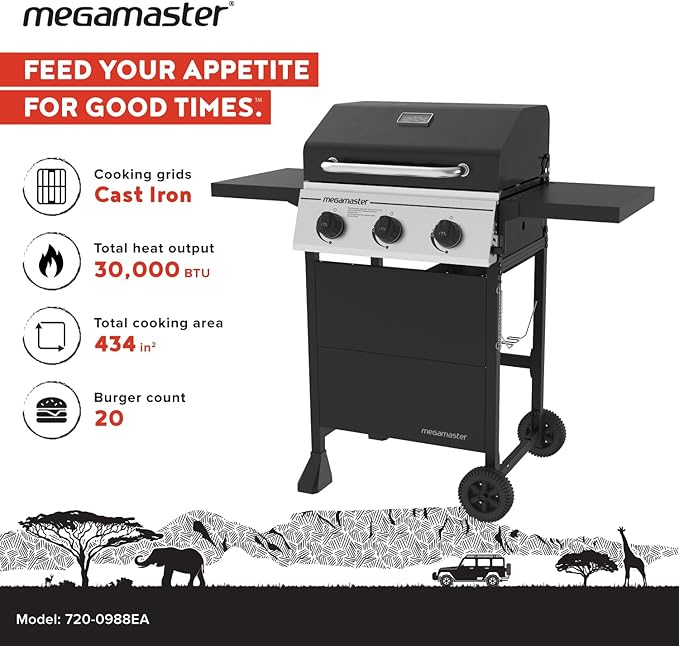 Megamaster 3-Burner Propane Gas Grill with Folding Side Tables 30000BTUs 429.81 sq. in. Cooking Space Stainless Steel Control Panel Outdoor Kitchen Grill for BBQs Patios and More - 720-0988EA