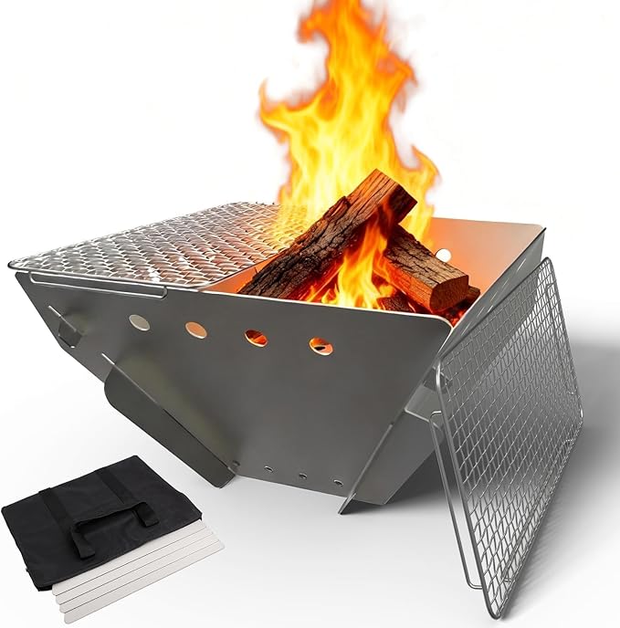 Stainless Steel Fire Pit for Camping Collapsible Fire Pit for Outdoor Use 2-4 Person Portable Firepit Tool-Free Assembly Patio Bonfire Picnic and BBQ with Grill Net &amp Canvas Storage Bag