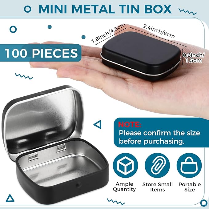 100 Pcs Metal Hinged Tin Box Rectangular Small Tin Container with Lid Mini Portable Tinplate Storage Box for Drawing Pin Candies Jewelry Crafts Button Pill 2.4 x 1.8 x 0.6 Inch (Black)