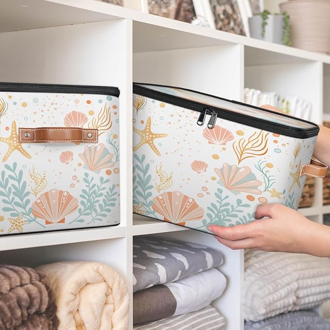 Storage Bin with Lid Ocean Shells Stackable Closet Storage Bins Decorative Bedroom Organizer Box Lidded Baskets Living Room Storages Boxes Cube Organizer Cute Container with Handles