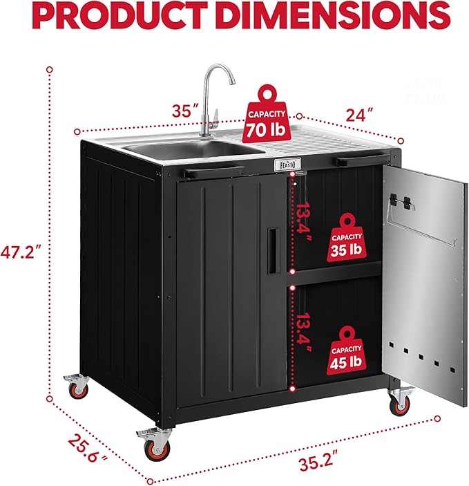 Feasto Outdoor Kitchen Island with Stainless Steel Sink and Storage Cabinet 35-Inch BBQ Prep Station with Faucet &amp Lockable Wheels for Patio Backyard and Outdoor Cooking Black &amp Silver