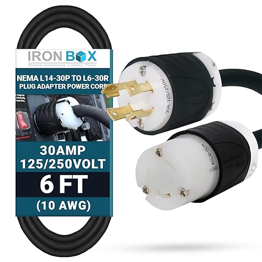 IronBox Electric NEMA L14-30P to L6-30R Plug Adapter Power Cord - 30A 10 AWG 125/250V - Heavy Duty UL Listed Power Cable for Generator Outdoor Data Centers Camper &amp More (6 ft Custom Built)