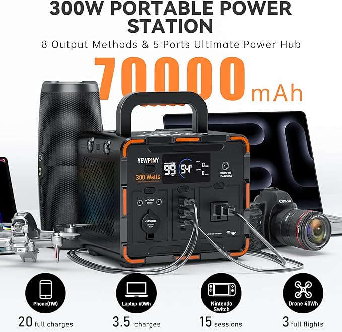 300W Portable Power Station Solar Generator 259Wh 70000mAh LiFePO4 Battery with 65W USB-C PD&ampPure Sine Wave AC Solar Charging for CampingHome BackupEmergency Power(SOS Light &amp LCD Displa