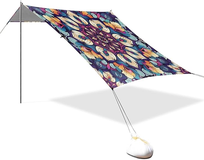 ALAZA Mandala Floral Beach Tent Sun Shelter UPF50+ Protection Beach Shade Canopy w/ 4 Sandbags for Outdoor Camping Fishing Backyard Fun Picnic 10x9 ft