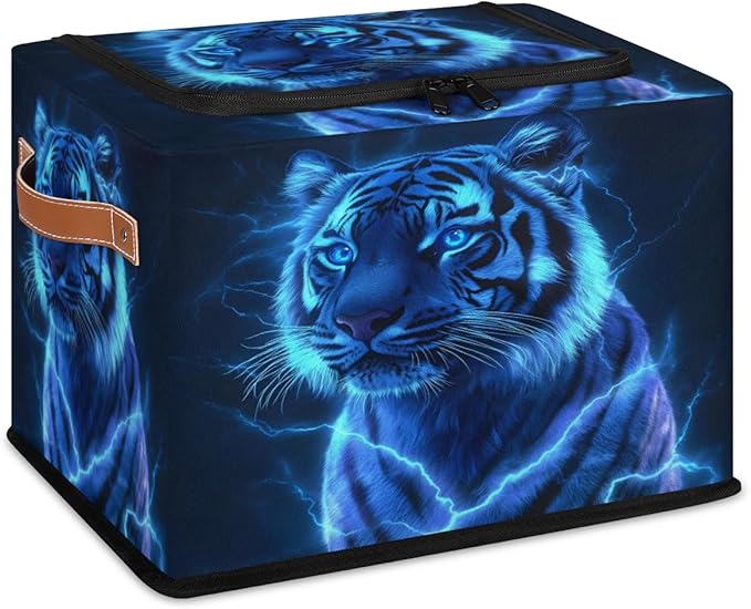 Blue Tiger Storage Box with Lid Cool Powerful Animals Collapsible Storage Bins Baskets Cubes Closet Shelf Clothes Organizer Containers with PU Leather Handles