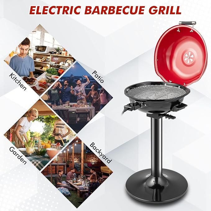 HAPPYGRILL Electric Grill Outdoor 1600W Barbecue 15-Serving for Indoor &amp Outdoor Use Portable Stand BBQ Grill for Cooking Patio Kitchen Garden Red