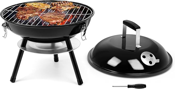 14Inch Portable Outdoor Charcoal Grill Leonyo Small Tabletop BBQ Charcoal Grill Enamel Coated for Backyard Cooking Camping Picnics Garden Beach Black