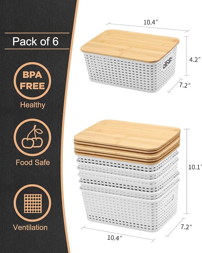 AREYZIN Storage Bins with Bamboo Lids Set of 6 Lidded Storage Container Plastic Baskets Organizer Bins for Organizing Bedroom Office Kithen Room