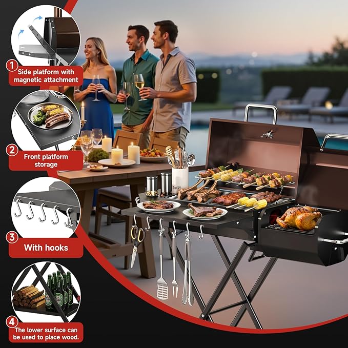 Portable Charcoal Grill with Smoking Function Foldable Suitcase Design with Wheels Multi-Tier Storage Rack &amp Waterproof Cover for Outdoor BBQ Parties (Khaki)