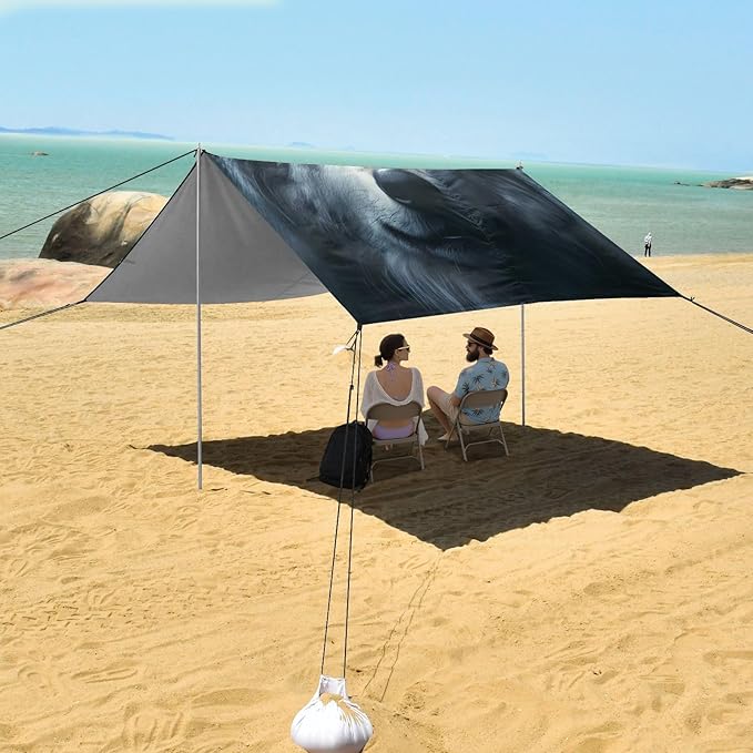 ALAZA Wolf Head Animal Beach Tent Sun Shelter UPF50+ Protection Beach Shade Canopy w/ 4 Sandbags for Outdoor Camping Fishing Backyard Fun Picnic 10x9 ft