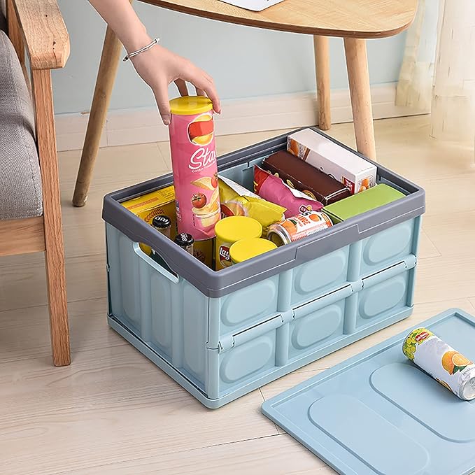Phyllia Foldable Storage Boxes with Lidsz 3 Pack Collapsible Plastic Storage Bins Organizer Containers Baskets Cub with CoverStackable Utility Crates Storage Box (Blue 30L)