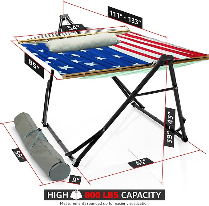 Tranquillo Unity Adjustable Hammock Stand 800 lbs Capacity Steel Double Hammock Stand for 2 Persons Premium Pre-Assembled Stand for Indoor Outdoor (American Flag)