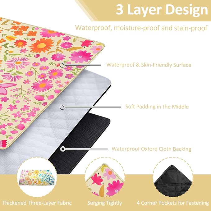 Floral Picnic Blankets Waterproof Foldable 60″X80″ Packable Picnic Mat Flowers Outdoor Blanket for Grass Large Beach Blanket Sandproof Picnic Accessories for Camping Music Festival Park Lawn Travel