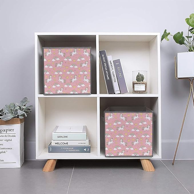 Collapsible Storage Box with Handles Cute Pink Unicorns Multi-Purpose Foldable Cube Bin for Pantry Garage Bathroom Quick-Fold Design for Easy Storage