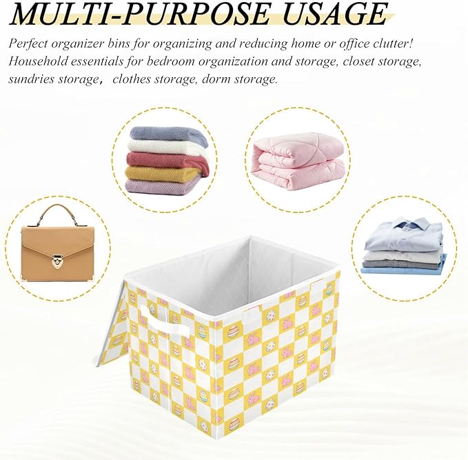 Storage Bins With Lid Stackable Fabric Closet Organizer Clothing Storage Large Boxes For Closet Shelves Bedroom Checkered Yellow Easter Bunny Eggs