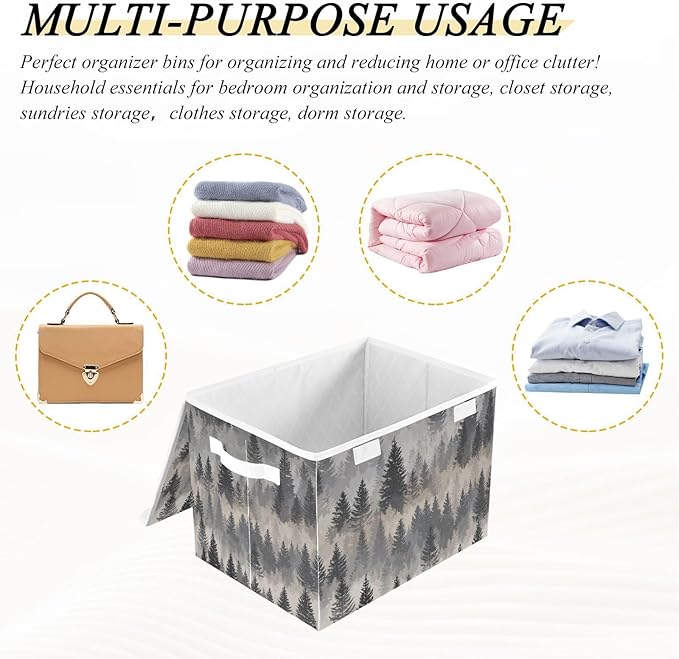 Storage Bins with Lids Storage Containers Box Organizer Bin Basket with Handles for Closet Shelves Clothes Stackable Foldable Decorative Gray Simple Pine Tree Forest