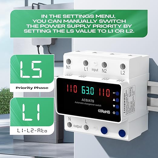 Automatic Transfer Switch 63A 110V DIN Rail Mount Generator Transfer Switch with Automatic and Manual Operation LED Display Over Voltage and Over Current Protection 50/60Hz