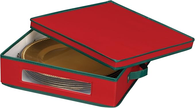 Household Essentials Holiday Charger Plate Storage Box Holds 12 Charger Plates with Felt Protectors Red Canvas with Green Trim