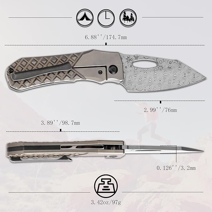 KANSEPT Loki Pocket Folding Knives for Men EDC Camping Folding Knife 2.99'' Damascus Blade Material Pocke Knife with Bronzed Anodized Titanium with Frag Pattern Handle Everyday Carry K1058B5