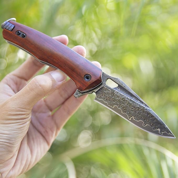 Damascus steel multifunctional EDC folding knife with self assembling pocket clip lining lock leather sheath one piece disassembly pocket knife