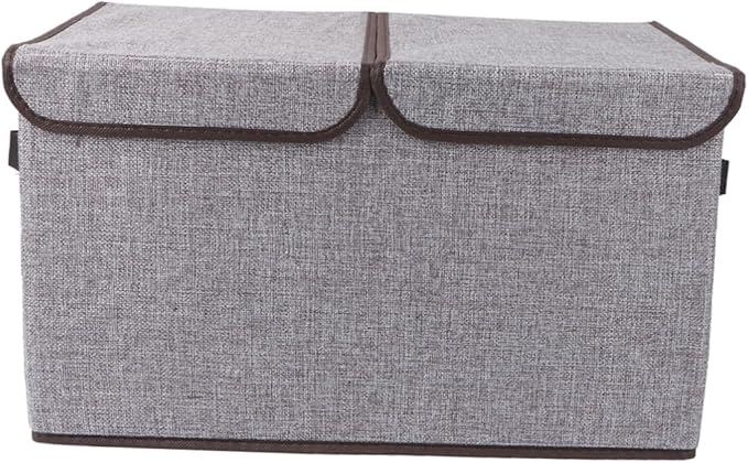 PRETYZOOM Foldable Fashion Storage Basket in Cotton Linen Double Lids Sturdy Collapsible Wardrobe Storage Box for Books Toys Magazines