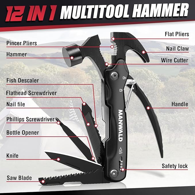 12 in 1 Multitool Hammer Gifts for Dad Camping Accessories Survival Gear Cool Gadgets Gifts for Men Husband Boyfriends Birthday Gifts for Women Him