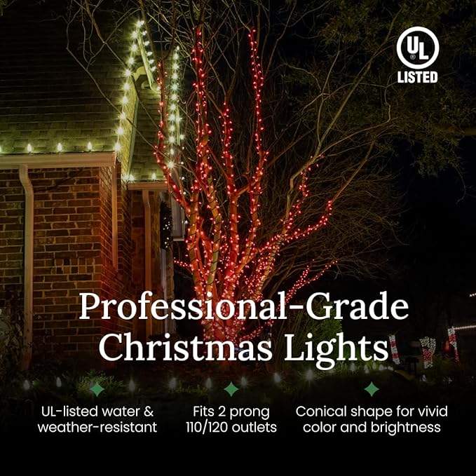 Pro Christmas LED Christmas Lights – 70 Count Wide Angle Conical String Lights – Professional Grade Indoor/Outdoor Commercial Holiday Light Set for Trees Bushes &amp Décor – Amber