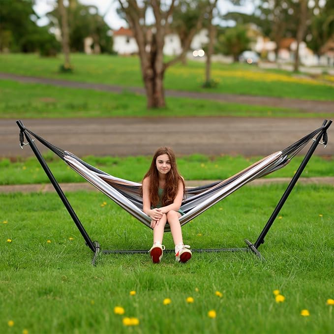 SZHLUX Double Hammock with Stand Included 450lb Capacity Steel Stand Premium Carry Bag Included and Two Anti Roll Balance Beam Portable Hammock with Stand for Backyard CampingGarden Brown Stripes