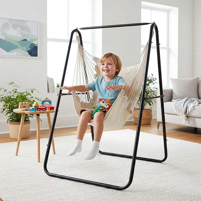 ONCLOUD 600LBS Heavy-Duty Hammock Chair with Stand Steel Hanging Chair Stand with Hook &amp Pillows Durable Swing Stand for Indoor Outdoor Weather Resistant Support Base Black (Hammock w/Stand)