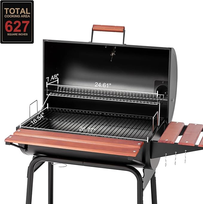 Royal Gourmet CC1830V 30 Barrel Charcoal Grill with Wood-Painted Side Front Table 627 Square Inches Cooking Space for Outdoor Backyard Patio and Parties Black