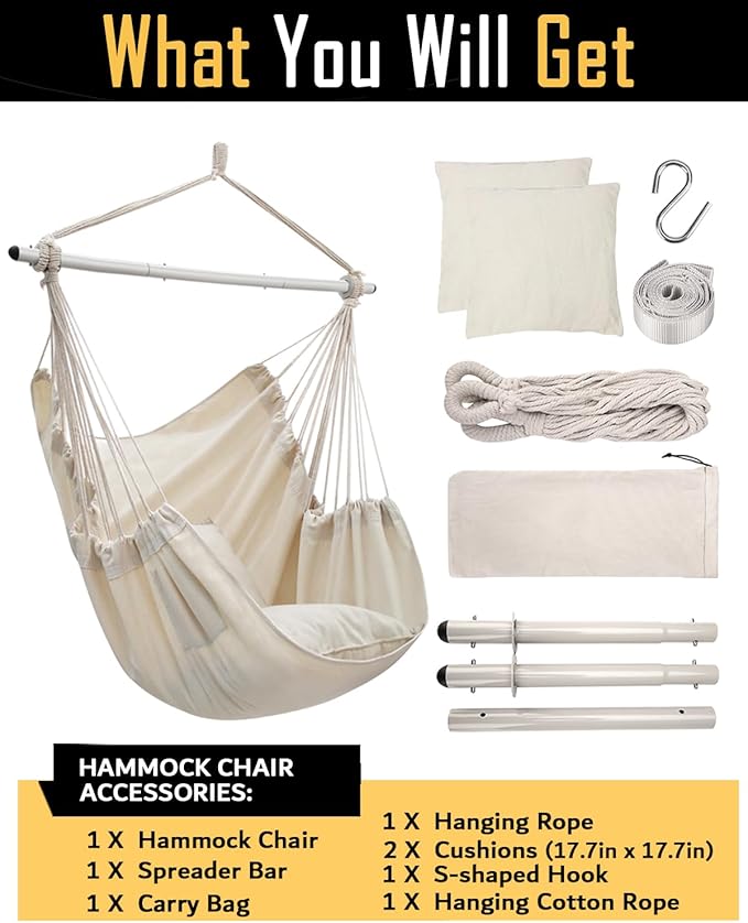 ADVOKAIR Hammock Chair Swing Heavy-Duty Hanging Rope Swing Seat Supports 500 Lbs Ideal for Outdoor Patio Backyard Porch Deck &amp Indoor Bedroom Use