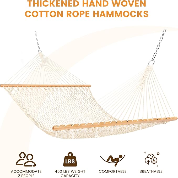 Lazy Daze Hammocks Double Rope Hammock 2 Person Traditional Outdoor Hand Woven Cotton Rope Hammock with Spreader Bar Carabiners Tree Straps Chains for Patio Yard - Max 450 Lbs Natural