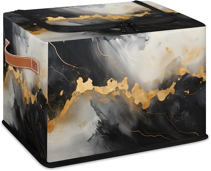 Marble Storage Bins with Zipper Lid Gold Black Marble Fabric Lidded Storage Baskets Cubes with Handles Decorative Foldable Shelf Closet Organizer Container