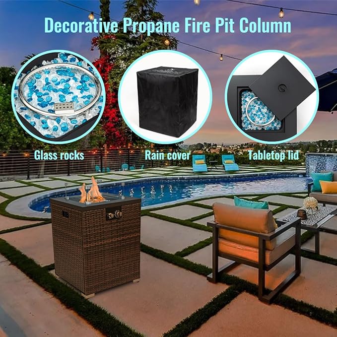 22in Outdoor Propane Gas Fire Pit Table 40000 BTU Auto-Ignition Gas Firepit with Glass Wind Guard Painted Steel Tabletop Mixed Color Glass Rocks Brown PE Rattan