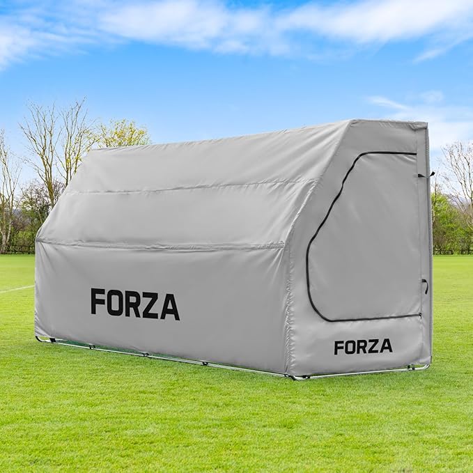 FORZA Portable Team Shelter | Durable Steel Frame Shelter for Sports Teams – Optional Benches &amp Multiple Colors (Grey Shelter + 4 Seater Bench Pro)