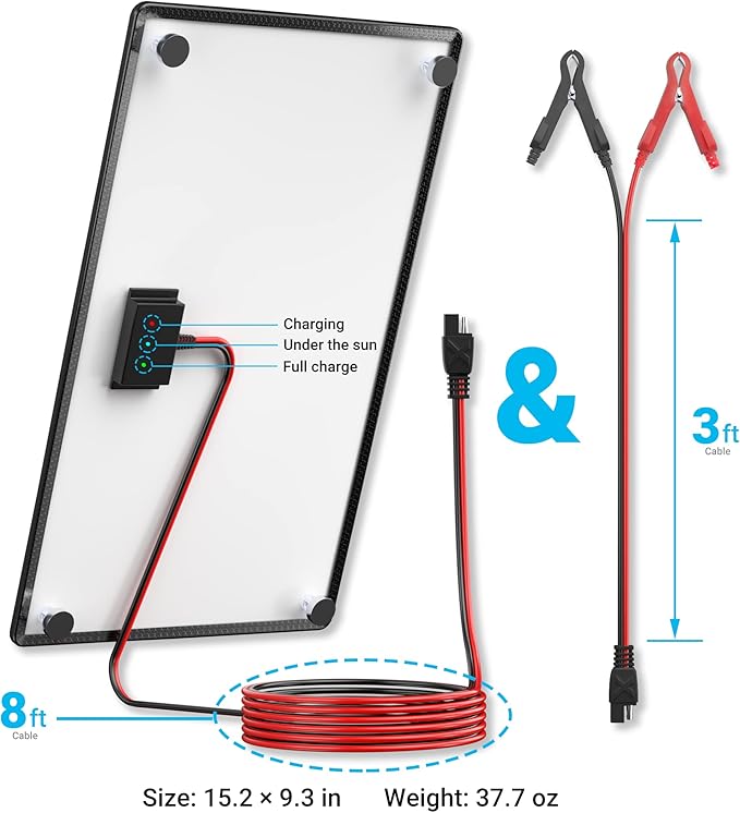 POWOXI 10W 12V Magnetic Solar Battery Trickle Charger Maintainer Built-in MPPT Intelligent Charge Controller Waterproof Solar Trickle Charger Alligator Clip for Car RV Motorcycle Marine etc.