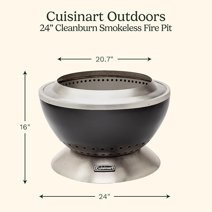 Cuisinart 24” Cleanburn Smokeless Fire Pit with Removable Base for Ash Portable Wood Burning Outdoor Fireplace Stainless Steel Smoke Free Outdoor Heater Enhanced Airflow and Easy Cleanup