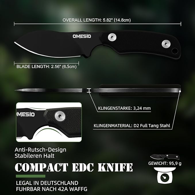 Omesio Neck Knife 5.82 Small Fixed Blade Tactical Knife Compact Full Tang EDC Neck Knife with Sheath and Clip Nessmuk D2 Steel G10 Handle Mini Knife Necklace for Outdoor Hiking Camping