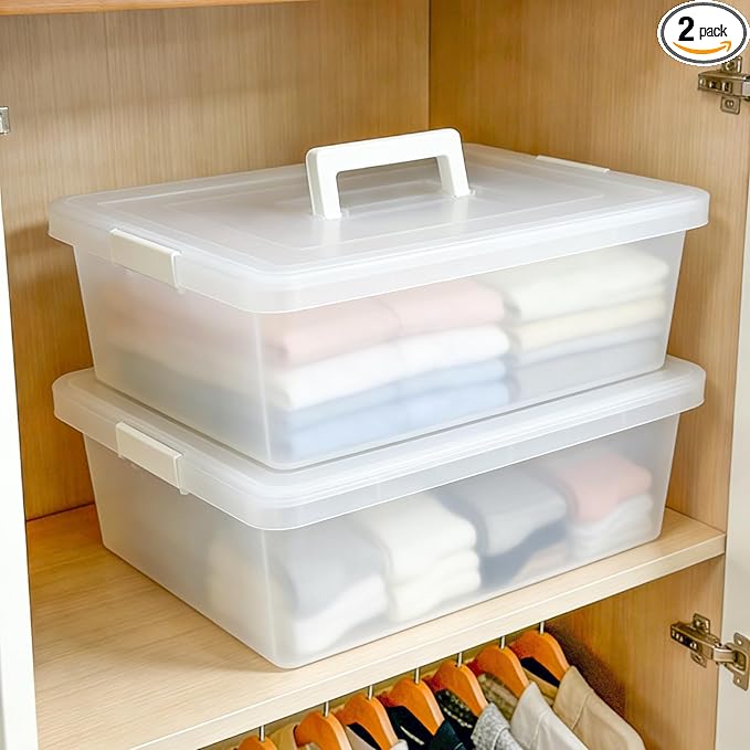 15 Quart Stackable Plastic Storage Bins with Lids and Handle - Durable Organizing Containers for Shelves Craft Supplies Snacks Home andOffice Cube Storage Boxes (HANDLE-2L)